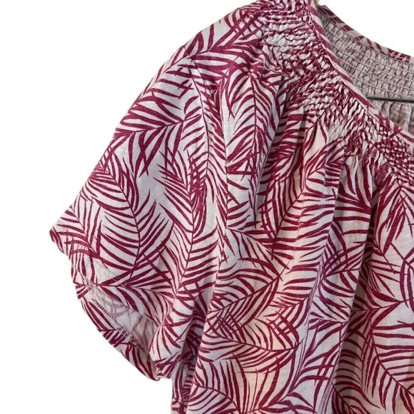 Hasting & Smith Top Plus 1X Pink White Tropical Leaf Pattern Henley Seersucker - Picture 5 of 8